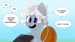 Size: 2048x1148 | Tagged: safe, artist:mochi_nation, imported from derpibooru, oc, oc only, oc:silver bolt, earth pony, pony, cellphone, dialogue, offscreen character, phone, smartphone, solo focus, speech bubble