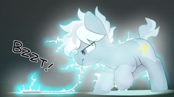 Size: 2048x1148 | Tagged: safe, artist:mochi_nation, imported from derpibooru, oc, oc only, oc:silver bolt, earth pony, pony, cellphone, charging, electricity, female, mare, mouth hold, phone, smartphone, solo, this will end in explosions
