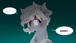 Size: 2048x1148 | Tagged: safe, artist:mochi_nation, imported from derpibooru, oc, oc only, oc:silver bolt, earth pony, pony, ..., blood, bust, dialogue, gradient background, injured, singed, solo, speech bubble, this ended in explosions