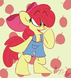 Size: 725x800 | Tagged: safe, artist:mirabuncupcakes15, imported from derpibooru, apple bloom, earth pony, semi-anthro, apple, bipedal, chest fluff, clothes, female, filly, food, overalls, solo