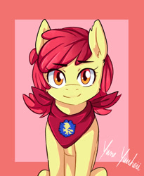 Size: 1639x2000 | Tagged: safe, artist:yumeyuuheii, edit, imported from derpibooru, apple bloom, earth pony, pony, adorabloom, cute, female, filly, looking at you, neckerchief, older, smiling, solo, teenage apple bloom