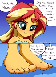 Size: 2300x3153 | Tagged: safe, artist:ameliacostanza, imported from derpibooru, flash sentry, sunset shimmer, equestria girls, bare shoulders, barefoot, feet, female, fetish, foot fetish, foot focus, giantess, high res, macro, micro, shrunken, sleeveless, strapless