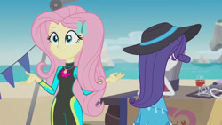 Size: 3410x1920 | Tagged: safe, imported from derpibooru, screencap, fluttershy, rarity, equestria girls, equestria girls series, too hot to handle, beach, clothes, female, fluttershy's wetsuit, geode of fauna, hairpin, hat, high res, jewelry, magical geodes, necklace, rarity's blue sarong, sarong, smiling, sun hat, swimsuit, wetsuit