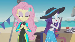 Size: 3410x1920 | Tagged: safe, imported from derpibooru, screencap, fluttershy, rarity, crab, equestria girls, equestria girls series, too hot to handle, beach, clothes, eyes closed, female, fluttershy's wetsuit, geode of fauna, geode of shielding, hairpin, hat, high res, jewelry, magical geodes, necklace, open mouth, rarity's blue sarong, rarity's purple bikini, sarong, sleeveless, smiling, sun hat, swimsuit, wetsuit