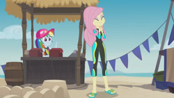 Size: 3410x1920 | Tagged: safe, imported from derpibooru, screencap, fluttershy, rainbow dash, equestria girls, equestria girls series, too hot to handle, beach, clothes, eyes closed, female, geode of super speed, high res, jewelry, magical geodes, necklace, sleeveless, smiling, swimsuit, thumbs up, wetsuit