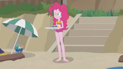 Size: 3410x1920 | Tagged: safe, imported from derpibooru, screencap, pinkie pie, equestria girls, equestria girls series, too hot to handle, barefoot, beach, clothes, feet, female, high res, hotfoot, one-piece swimsuit, pinkie pie swimsuit, sleeveless, solo, swimsuit