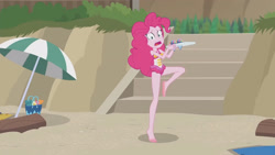 Size: 3410x1920 | Tagged: safe, imported from derpibooru, screencap, pinkie pie, equestria girls, equestria girls series, too hot to handle, barefoot, beach, clothes, feet, female, geode of sugar bombs, high res, hotfoot, jewelry, magical geodes, necklace, one-piece swimsuit, open mouth, pinkie pie swimsuit, sleeveless, solo, swimsuit