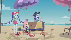 Size: 3410x1920 | Tagged: safe, imported from derpibooru, screencap, fluttershy, rainbow dash, rarity, crab, equestria girls, equestria girls series, too hot to handle, beach, clothes, female, fluttershy's wetsuit, geode of fauna, geode of shielding, geode of super speed, high res, jewelry, magical geodes, necklace, one eye closed, open mouth, rarity's purple bikini, sandals, sleeveless, swimsuit, wetsuit