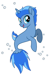 Size: 1033x1553 | Tagged: safe, artist:calinasworld, imported from derpibooru, oc, oc only, seapony (g4), unicorn, base used, blue eyes, blue mane, bubble, dorsal fin, fish tail, horn, open mouth, seaponified, simple background, smiling, solo, species swap, tail, transparent background