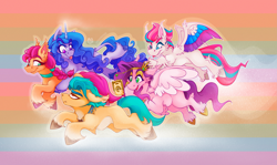 Size: 3755x2236 | Tagged: safe, artist:alzmariowolfe, imported from derpibooru, hitch trailblazer, izzy moonbow, pipp petals, sunny starscout, zipp storm, earth pony, pegasus, pony, unicorn, :p, adorapipp, adorazipp, colored wings, cute, eyebrows, eyebrows visible through hair, female, floppy ears, flying, frown, g5, grin, high res, hitch trailblazer is not amused, male, mane five (g5), mare, multicolored wings, open mouth, open smile, royal sisters (g5), siblings, signature, sisters, smiling, spread wings, stallion, tongue out, unamused, unshorn fetlocks, wings