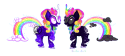 Size: 1193x534 | Tagged: safe, artist:keeka-snake, imported from derpibooru, oc, oc only, hybrid, pony, cloud, colored horn, eyeshadow, fangs, female, horn, interspecies offspring, magical threesome spawn, makeup, mare, multicolored hair, neon, offspring, open mouth, parent:autumn blaze, parent:rainbow dash, parent:tantabus, rainbow, rainbow hair, rainbow horn, rainbow tail, raised hoof, sequins, simple background, solo, tail, transparent background, white hooves