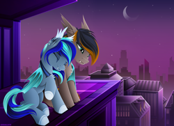Size: 2990x2166 | Tagged: safe, artist:andaluce, imported from derpibooru, oc, oc only, oc:black night, oc:moonlight selene, bat pony, pony, bat pony oc, building, city, cityscape, comforting, cute, duo, eyes closed, fangs, fluffy, high res, hug, lineless, moon, night, scenery, winghug, wings