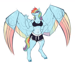 Size: 1280x1110 | Tagged: safe, artist:glorymoon, imported from derpibooru, rainbow dash, anthro, unguligrade anthro, abs, clothes, cloven hooves, colored wings, shorts, simple background, solo, sports bra, white background, wings
