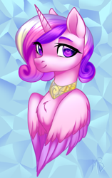 Size: 1129x1801 | Tagged: safe, artist:megabait, imported from derpibooru, princess cadance, alicorn, pony, abstract background, bust, female, horn, jewelry, necklace, portrait, princess, solo, wings