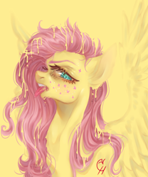 Size: 2878x3467 | Tagged: safe, artist:coconuthound, imported from derpibooru, fluttershy, pegasus, pony, alternative cutie mark placement, bust, dripping, facial cutie mark, female, high res, looking at you, mare, messy mane, open mouth, portrait, profile, simple background, solo, spread wings, tongue out, wings, yellow background