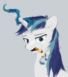 Size: 724x817 | Tagged: safe, artist:some_ponu, imported from derpibooru, shining armor, pony, unicorn, bust, cigarette, levitation, lighter, magic, magic aura, portrait, smoking, solo, telekinesis