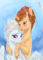 Size: 413x573 | Tagged: safe, artist:coconuthound, imported from derpibooru, pegasus, pony, unicorn, anna (frozen), braid, curved horn, duo, elsa, female, flower, flower in hair, frozen (movie), horn, hug, ponified, siblings, sisters