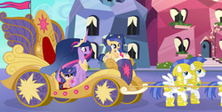 Size: 1024x517 | Tagged: safe, artist:velveagicsentryyt, imported from derpibooru, twilight sparkle, oc, oc:galaxy swirls, oc:velvet sentry, alicorn, pony, the last problem, base used, chariot, deviantart watermark, female, filly, obtrusive watermark, offspring, older, older twilight, parent:flash sentry, parent:twilight sparkle, parents:flashlight, princess twilight 2.0, royal guard, twilight sparkle (alicorn), watermark