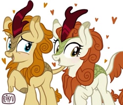 Size: 735x623 | Tagged: artist needed, safe, imported from derpibooru, autumn afternoon, autumn blaze, kirin, base used, couple, female, floating heart, heart, male, raised hoof, shipping, simple background, straight, white background