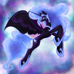 Size: 2048x2048 | Tagged: safe, artist:rosemarianna, imported from derpibooru, nightmare moon, alicorn, pony, blue mane, blue tail, colored pupils, ethereal mane, feather, female, flowing mane, flowing tail, flying, helmet, high res, hoof shoes, horn, long horn, looking at you, mare, signature, simple background, solo, sparkles, spread wings, starry mane, starry tail, tail, wings