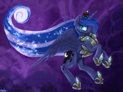 Size: 2048x1536 | Tagged: safe, artist:mystyswirl, imported from derpibooru, princess luna, alicorn, pony, armor, blue mane, blue tail, cloud, crown, ethereal mane, feather, female, flowing mane, flowing tail, flying, glowing, hoof shoes, horn, jewelry, night, purple background, regalia, signature, simple background, sky, solo, sparkles, spread wings, starry mane, tail, wings