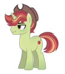 Size: 691x790 | Tagged: safe, artist:pgthehomicidalmaniac, imported from derpibooru, oc, oc only, oc:fallen apple, pony, unicorn, hat, male, simple background, solo, stallion, transparent background