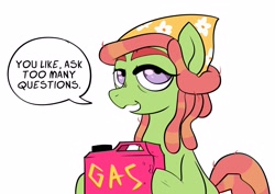 Size: 2575x1824 | Tagged: safe, artist:swagstapiece, imported from derpibooru, tree hugger, earth pony, pony, female, gas can, gasoline, mare, simple background, solo, speech bubble, talking to viewer, white background