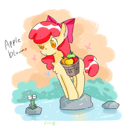 Size: 500x500 | Tagged: safe, artist:piaojun55154, imported from derpibooru, apple bloom, earth pony, frog, pony, female, filly, lagoon, rock, solo