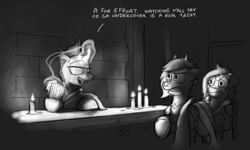 Size: 1280x768 | Tagged: safe, artist:captainhoers, imported from derpibooru, oc, oc only, changeling, kirin, pony, bartender, candle, changeling oc, dialogue, glass, grayscale, kirin oc, lidded eyes, monochrome, trio