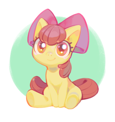 Size: 1668x1761 | Tagged: safe, artist:torarara, imported from derpibooru, apple bloom, earth pony, pony, adorabloom, apple bloom's bow, bow, cute, female, filly, hair bow, looking at you, simple background, sitting, smiling, solo, white background