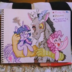 Size: 640x640 | Tagged: safe, artist:pinkiefanclub, imported from derpibooru, discord, pinkie pie, twilight sparkle, alicorn, draconequus, pony, blush sticker, blushing, female, grin, happy, holding, male, namesake, one eye closed, pun, smiling, traditional art, twilight sparkle (alicorn), upset, varying degrees of want, visual pun, wink