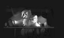 Size: 1280x768 | Tagged: safe, artist:captainhoers, imported from derpibooru, oc, oc only, oc:concorde, earth pony, griffon, pegasus, pony, coffee mug, computer, desk, desk lamp, duo, grayscale, griffon oc, laptop computer, monochrome, mug, offspring, older, parent:soarin', parent:spitfire, parents:soarinfire, studying