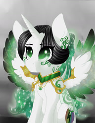 Size: 1280x1664 | Tagged: safe, alternate version, artist:schokocream, imported from derpibooru, oc, oc only, oc:lightning bliss, alicorn, pony, alicorn oc, female, glowing, glowing wings, gradient background, horn, mare, solo, spread wings, tattoo, wings