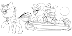 Size: 1280x640 | Tagged: safe, artist:schokocream, imported from derpibooru, oc, oc only, oc:lightning bliss, alicorn, pony, alicorn oc, basket, cloud, female, goggles, hat, horn, leonine tail, lineart, mare, monochrome, raised hoof, sun hat, tail, wings