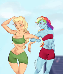 Size: 1024x1216 | Tagged: safe, artist:missycat65, imported from derpibooru, applejack, rainbow dash, equestria girls, abs, appledash, arm in arm, blushing, breasts, busty applejack, clothes, female, lesbian, midriff, shipping, shorts, signature, sports bra