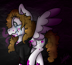 Size: 960x864 | Tagged: safe, alternate version, artist:millefaller, imported from derpibooru, oc, oc only, pegasus, pony, clothes, colored, colored wings, colors, crying, female, hoodie, mare, paint, pegasus oc, smiling, solo, two toned wings, wings