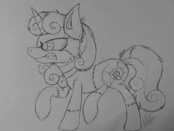 Size: 960x720 | Tagged: safe, artist:millefaller, imported from derpibooru, sweetie belle, pony, robot, robot pony, unicorn, angry, cutie mark, female, filly, gritted teeth, lineart, raised hoof, signature, sweetie bot, the cmc's cutie marks, traditional art