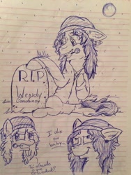 Size: 720x960 | Tagged: safe, artist:millefaller, imported from derpibooru, oc, oc only, earth pony, pony, angry, beanie, braces, bust, clothes, earth pony oc, female, full moon, gravestone, gritted teeth, hat, lineart, lined paper, mare, moon, smiling, smirk, traditional art