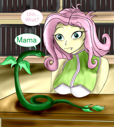 Size: 1357x1505 | Tagged: safe, artist:foxgearstudios, imported from derpibooru, fluttershy, oc, snake, equestria girls, book, breasts, bust, busty fluttershy, clothes, confused, dialogue, fangs, female, indoors, speech bubble, wide eyes