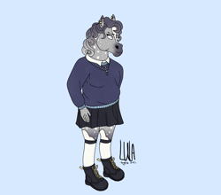 Size: 2064x1815 | Tagged: safe, artist:pegasus004, imported from derpibooru, oc, oc only, anthro, horse, plantigrade anthro, bojack horseman, boots, clothes, ear piercing, earring, grey fur, jewelry, kneesocks, markings, necklace, piercing, pleated skirt, shoes, skirt, socks, solo, style emulation, sweatshirt