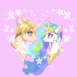 Size: 1280x1280 | Tagged: safe, artist:shu-jeantte, imported from derpibooru, princess celestia, pony, attack on titan, blushing, crossover, crossover shipping, deviantart watermark, erwin smith, female, horn, horns are touching, looking at each other, male, obtrusive watermark, pink background, ponified, shipping, simple background, straight, watermark