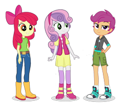 Size: 3840x3200 | Tagged: safe, artist:eqgcmc, derpibooru exclusive, edit, edited screencap, imported from derpibooru, screencap, vector edit, apple bloom, scootaloo, sweetie belle, human, equestria girls, equestria girls series, adorabloom, background removed, belt, boots, bow, classy, clothes, complete set, converse, cute, cutie mark crusaders, diasweetes, dress, female, hand on hip, high heel boots, high res, hoodie, jeans, modesty, pants, shirt, shoes, short pants, shorts, simple background, smiling, sneakers, socks, tomboy, transparent background, trio, trio female