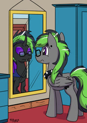 Size: 1280x1811 | Tagged: safe, artist:pony-berserker, imported from derpibooru, oc, oc:nightmare hp, changeling, pegasus, pony, commission, glasses, mirror, purple changeling, reflection, wardrobe