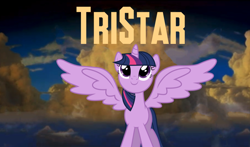 Size: 880x519 | Tagged: safe, artist:mracrizzy, imported from derpibooru, twilight sparkle, alicorn, pony, closing logo, female, mare, smiling, spread wings, tristar, twilight sparkle (alicorn), wings