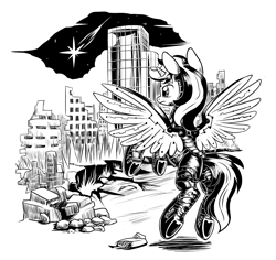 Size: 3096x2920 | Tagged: safe, artist:lexx2dot0, imported from derpibooru, oc, oc only, oc:blackjack, pony, unicorn, fallout equestria, fallout equestria: project horizons, series:ph together we reread, black and white, clothes, fanfic art, grayscale, high res, horn, jumpsuit, monochrome, pipbuck, ruined city, skyscraper, small horn, solo, vault security armor, vault suit