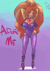 Size: 1400x2000 | Tagged: safe, artist:sozglitch, imported from derpibooru, adagio dazzle, equestria girls, arm behind head, armpits, big breasts, big hair, boots, breasts, busty adagio dazzle, cleavage, clothes, eye clipping through hair, female, gem, high heels, huge breasts, huge hair, leotard, looking at you, platform heels, shoes, siren gem, smiling, smiling at you, solo, stockings, thigh highs, vest