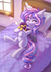 Size: 2480x3508 | Tagged: safe, artist:dandy, imported from derpibooru, oc, oc only, bat pony, pony, bat pony oc, bat wings, bed, bedroom, blushing, cute, ear fluff, eyes closed, female, happy, high res, hug, lens flare, owo, pillow, plushie, raffle prize, smiling, solo, uwu, wings