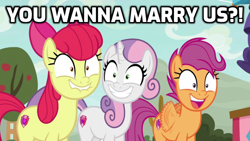 Size: 1024x576 | Tagged: safe, edit, edited screencap, imported from derpibooru, screencap, apple bloom, scootaloo, sweetie belle, earth pony, pegasus, pony, unicorn, growing up is hard to do, bronybait, cutie mark crusaders, faic, female, flapping wings, implied marriage, mare, older, older apple bloom, older cmc, older scootaloo, older sweetie belle, wings