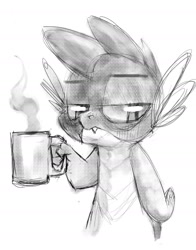 Size: 1280x1630 | Tagged: safe, artist:talonsofwater, imported from derpibooru, spike, dragon, coffee, male, monochrome, simple background, sketch, solo, unamused, white background