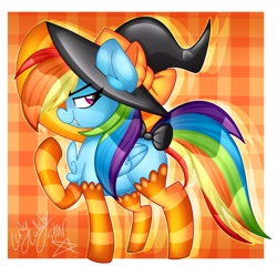 Size: 4096x3932 | Tagged: safe, artist:ladylullabystar, imported from derpibooru, rainbow dash, pegasus, pony, chest fluff, clothes, fangs, hat, raised hoof, socks, solo, striped socks, witch hat